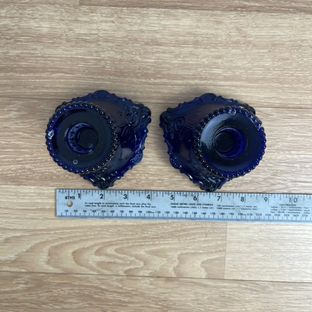 Vintage Cobalt Blue Glass Candlestick Holders Set of 2 Embossed Floral Victorian